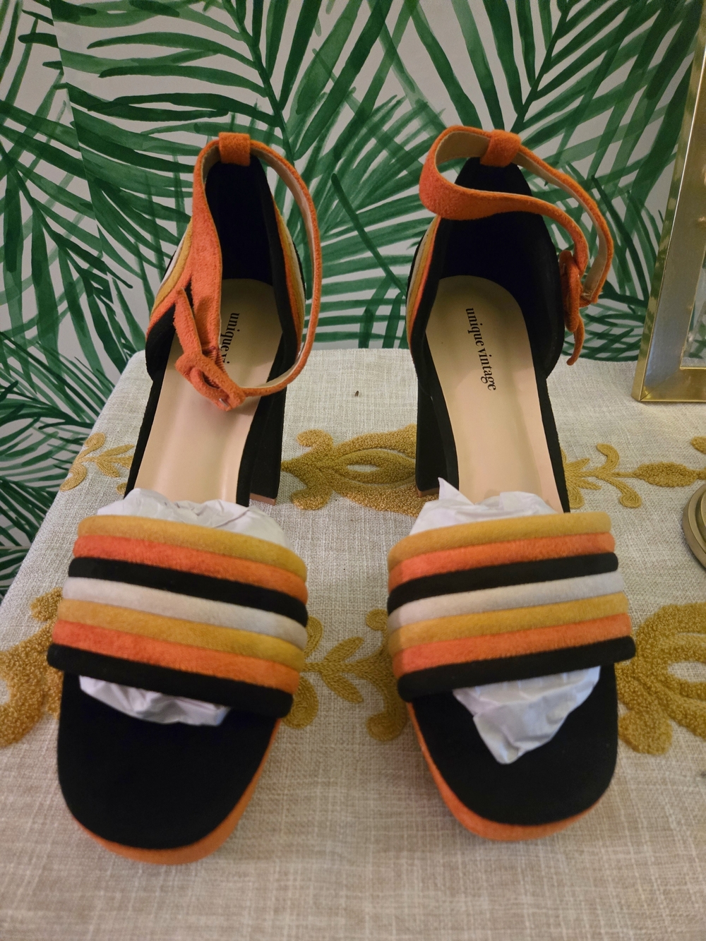 Unique Vintage Multicolor Strappy Platform Heels - Orange/Yellow/Black/Cream - Picture 2 of 2